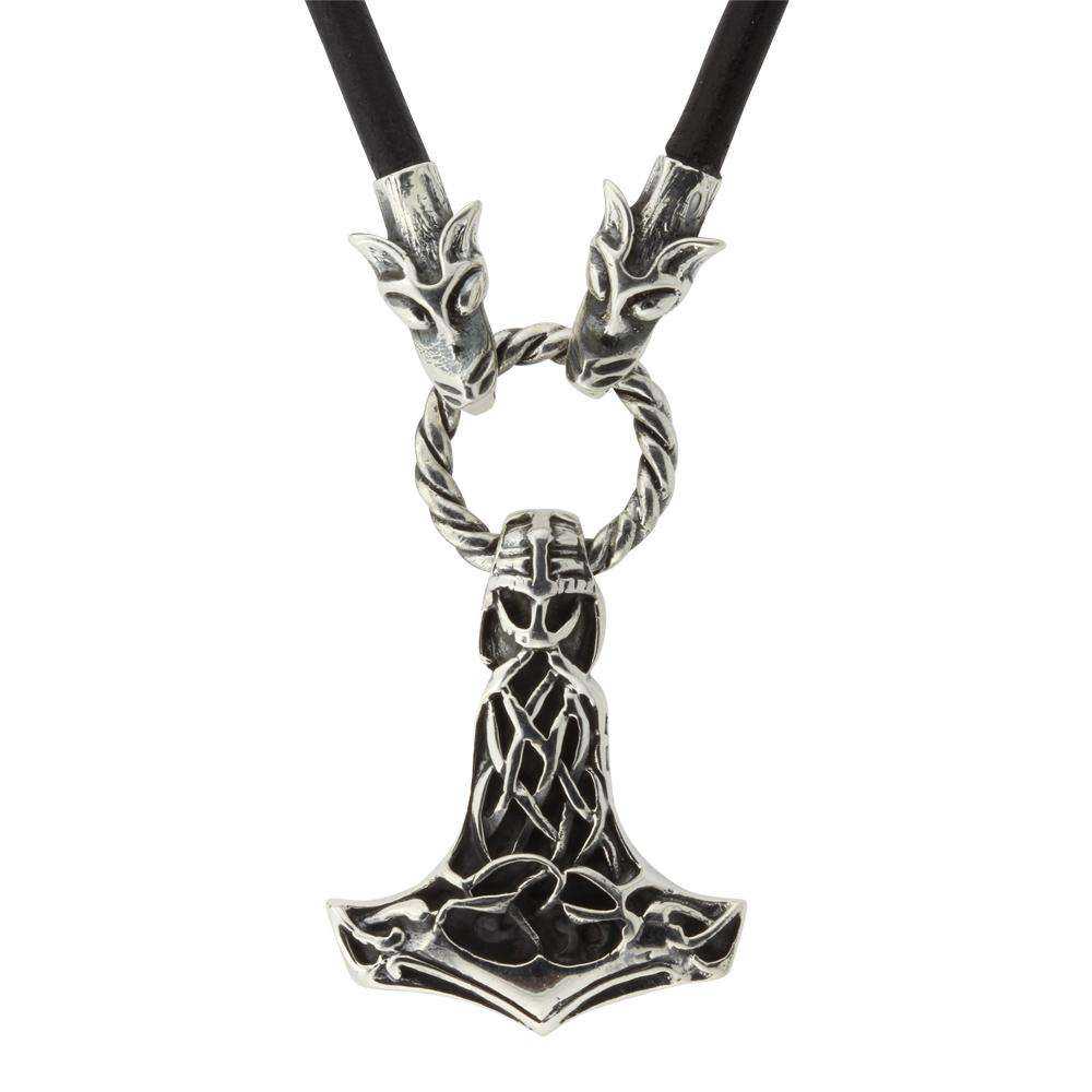 Thors Hammer med maske i Fenris læderkæde - sølv