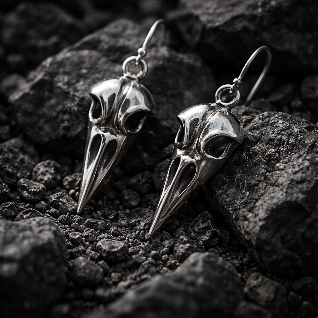 Hugin og Munin kranie øreringe - sølv