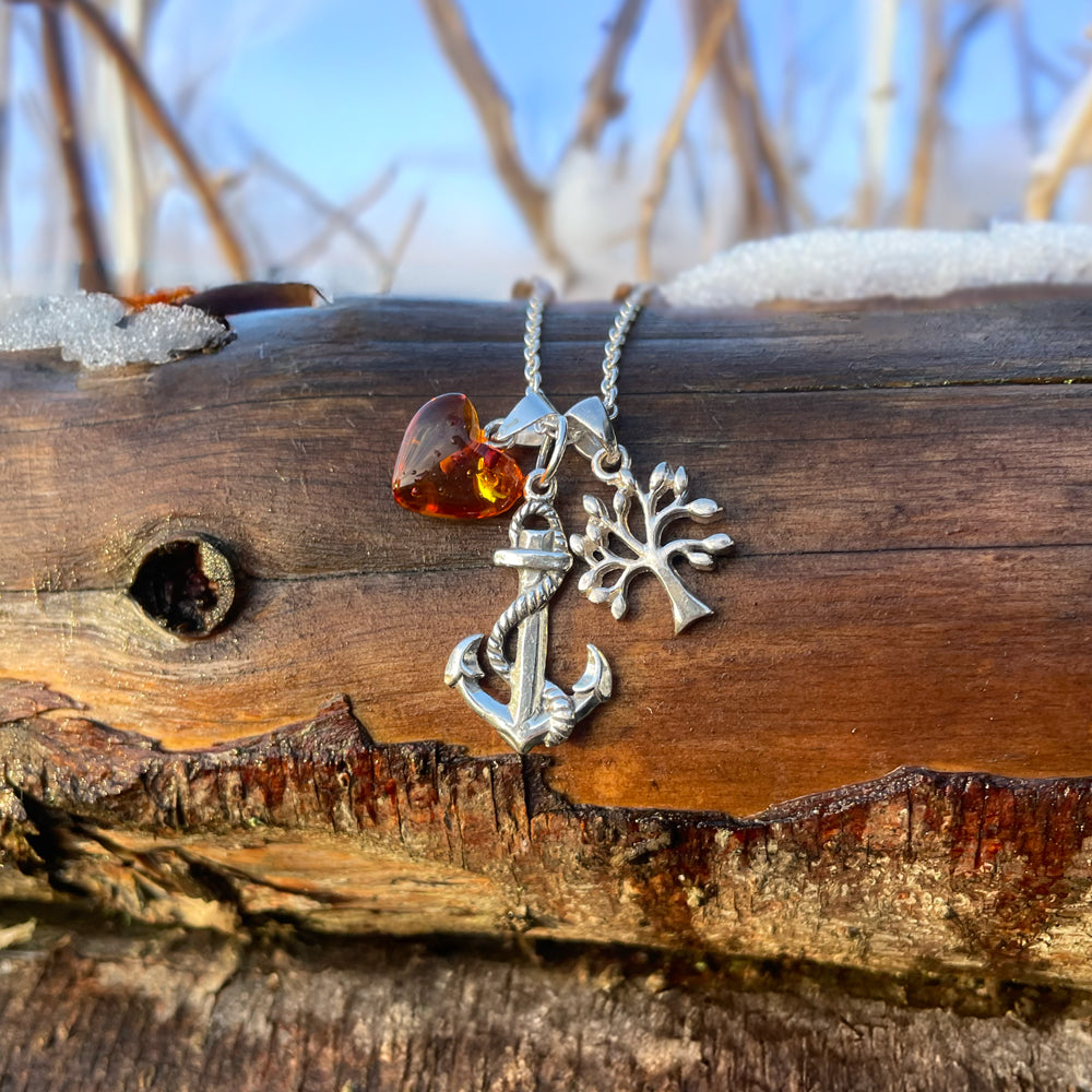 NYHED Smykkesæt tro, håb & kærlighed - sølv/rav