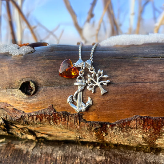 NYHED Smykkesæt tro, håb & kærlighed - sølv/rav